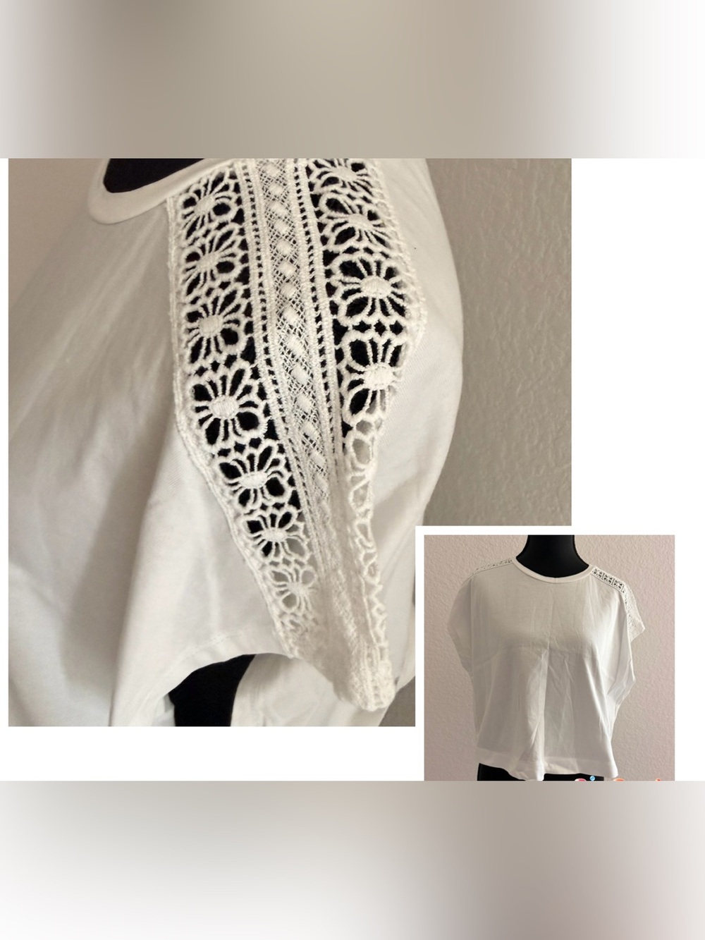 Zara 100% Cotton White Boxy T-Shirt | Floral Crochet Lace Drop Shoulder Top
